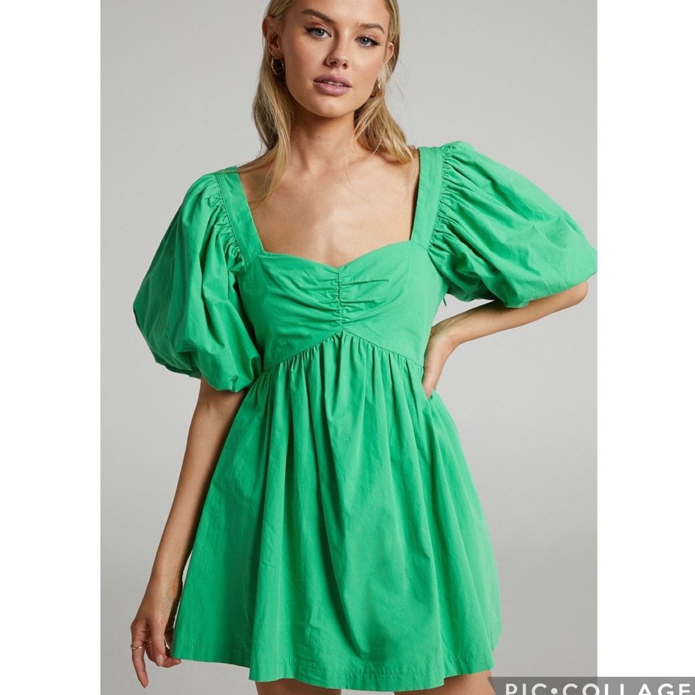 Showpo. Vashti Mini Dress Puff Sleeve Sweatheart Green
